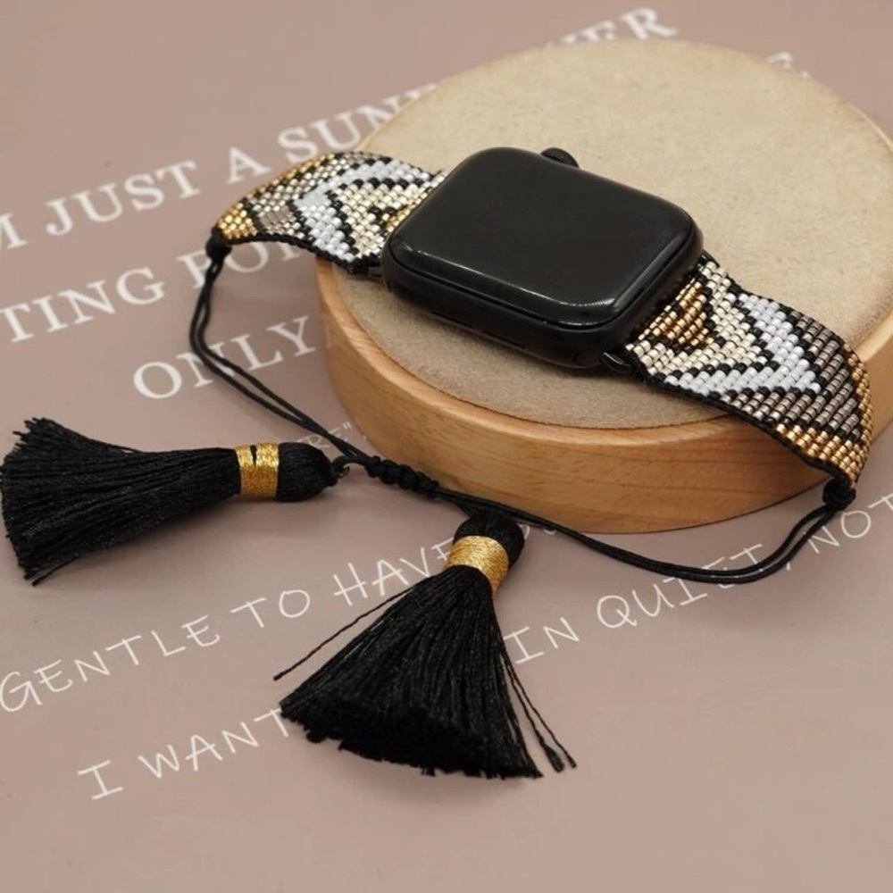 NWT Bead Tassel Woven Apple Watch Band 38/40/41 Black and Gold​​​​ - Picture 4 of 5